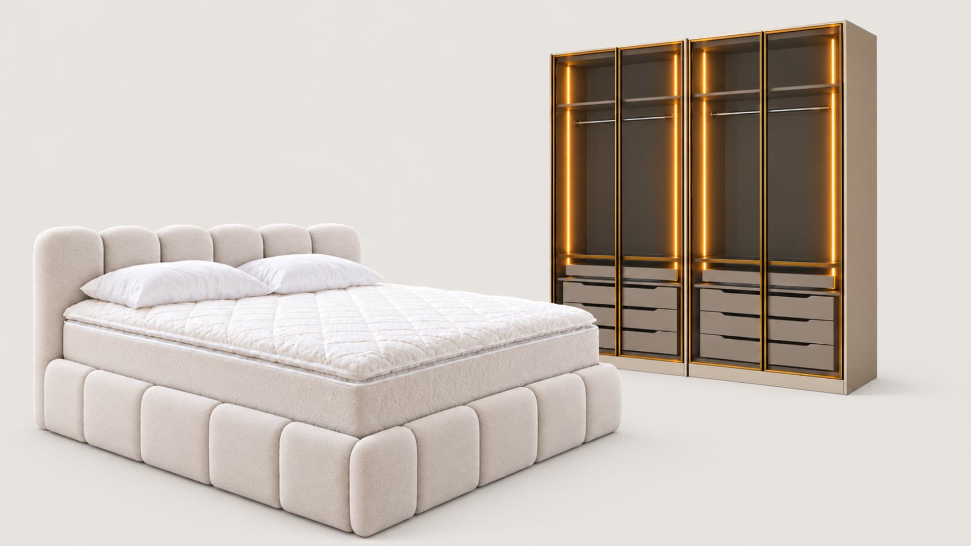 Aurel Schlafzimmer Set: Polsterbett und Kleiderschrank mit Rauchglasfront
